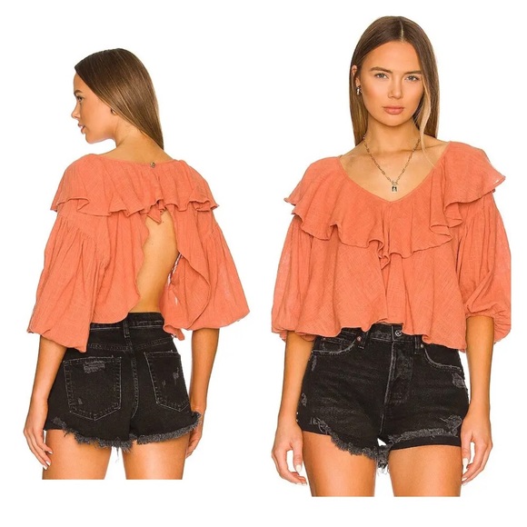 FREE PEOPLE Zuri Open-Back Ruffle Trim Blouse M - Picture 8 of 11